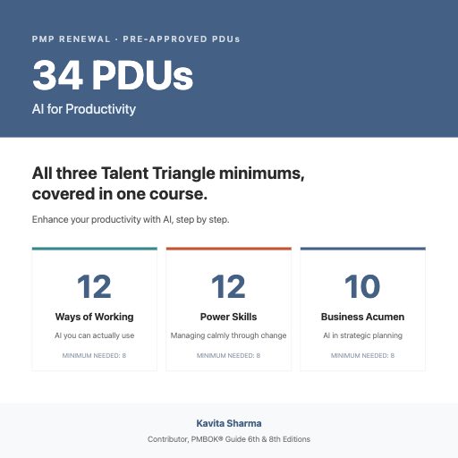 34 PDU | AI FOR PRODUCTIVITY | PMP RENEW All three Talent Triangle minimums in one course. Enhance your productivity with AI, step by step. by Kavita Sharma